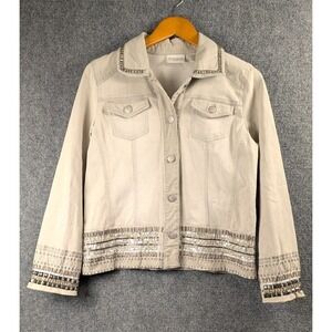 Chico's Platinum Embellished Denim Jacket Womens Size 1 Beige Sequined Stretch J